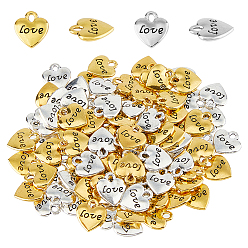 Античный Серебрянный & Античный Золотой 100 шт 2 цвета тибетский стиль цинковый сплав подвески, сердце со словом любовь очарование, старинное серебро и античный золотой, 11~11.5x10x1.5~2 мм, отверстие : 1.5~2.5 мм, 50 шт / цвет