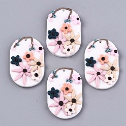 Floral White Handmade Polymer Clay Pendants, Oval with Flower, Floral White, 44x29x7mm, Hole: 2mm