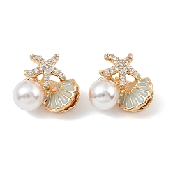 Светло-Синий Латунные микро проложить кубического циркония бусы, в форме раковины с морской звездой, с эмалью и абс пластика имитация жемчуга, реальный 18 k позолоченный, голубой, 18x18x13 мм, отверстие : 1.4 мм