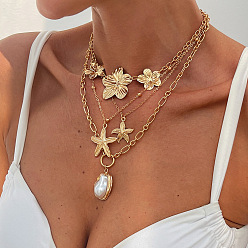 Цветок Многослойные ожерелья с подвесками из сплава, латуни и пластика, золотые, белые, цветок, 14.17~16.54 дюйм (36~42 см), 4 шт / комплект