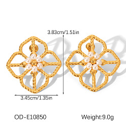 Golden 304 Stainless Steel Stud Earrings for Women, Flower, with Imitation Pearl, Golden, 38.3x34.5mm