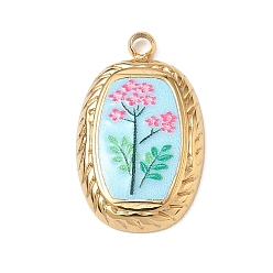 Sky Blue Printed 304 Stainless Steel Pendants, Oval with Flower Charms, Golden, Sky Blue, 18x11x3mm, Hole: 1.4mm