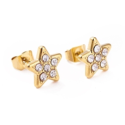 Golden Crystal Rhinestone Star Stud Earrings, 304 Stainless Steel Jewelry for Women, Golden, 9x9mm, Pin: 0.6mm