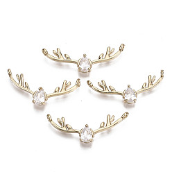 Clear Brass Micro Pave Cubic Zirconia Pendants, Long-Lasting Plated, Deer Horn, Light Gold, Clear, 9x31.5x3.5mm, Hole: 1.2mm