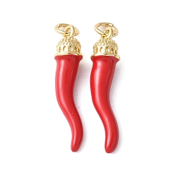 Красный Латунь эмаль подвески, с целью перехода в кольце, рог изобилия / итальянский рог корничелло амулеты, долговечный, без кадмия и без свинца, стойки покрытие, реальный 18 k позолоченный, красные, 26.5x6 мм, отверстие : 3.5 мм