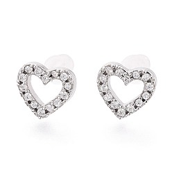 Платина Серьги-гвоздики в форме сердца из сплава и прозрачного кубического циркония ко Дню святого Валентина, с 925 штырями стерлингового серебра, платина, 9.5x10.5x2.5 мм