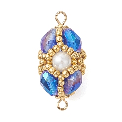 Синий Овальные подвески-коннекторы из стеклянных бусин, со стеклянными бисеринами, золотые, синие, 29x13.5~14 мм, отверстие : 2.5 мм