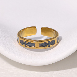 Noir 304 Bagues ouvertes en acier inoxydable émaillé pour femmes, réel 18 k plaqué or, noir, diamètre intérieur: 17.4 mm