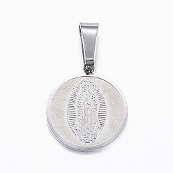 Stainless Steel Color 304 Stainless Steel Pendants, Flat Round, with Virgin Mary, Stainless Steel Color, 17x15x1mm, Hole: 8x4mm