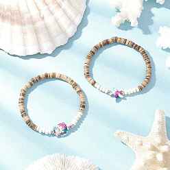 Светло-Голубой Браслеты из кокосовых бусин с морскими черепахами и морскими звездами, с латунными разделительными бусинами и окрашенными синтетическими бирюзовыми бусинами, Небесно-голубой, внутренний диаметр: 2-1/8 дюйм (5.5 см), 2 шт / комплект