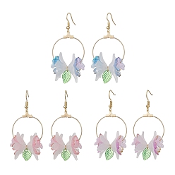 (52) Непрозрачная лаванда 3 пары 3 цвета 304 серьги-подвески в форме цветка и листа из нержавеющей стали, с акриловыми бусинами и подвеской, Латунные крючки для сережек, реальный 18 k позолоченный, разноцветные, 64x30 мм, 1 пара / цвет