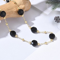 Black Onyx Natural Black Onyx(Dyed & Heated) Faceted Flat Round Beaded Chain Necklaces with Matte Brass Beads, 304 Stainless Steel Jewelry for Women, Golden, Long-Lasting Plated, 25.16 inch(63.9cm)