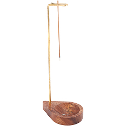 Coconut Brown Brass Reverse Style Incense Burner Holder with Wood Teardrop Ash Catcher Tray, Coconut Brown, 10.5x7.4x26.4cm