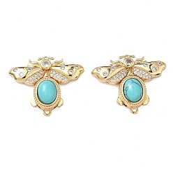 Настоящее золото 18K Латунные застежки из прозрачного кубического циркония с микропаве, с синтетическими бирюзовый, Пчелы, реальный 18 k позолоченный, 27x33x8.5 мм, Отверстие: 0.9 & 1.6 мм