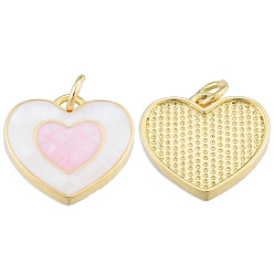 Pink Brass Enamel Pendants, with Jump Rings and Shell, Golden, Nickel Free, Heart, Pink, 15x16x3.5mm, Jump Ring: 5x1mm, 3mm inner diameter