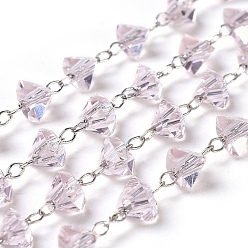 чертополох Ручной цепи стекло бисером, с латунной фурнитурой платинового цвета, пайки, долговечный, треугольные, граненые, чертополох, 3.5~4x4~4.5x3 мм, около 32.8 футов (10 м) / рулон
