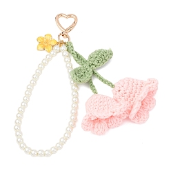 Розовый Подвеска ручной работы из хлопковой пряжи, связанная крючком, с ландышами и стеклянными жемчужинами, круглыми бусинами, с поворотными застежками в форме сердца из сплава, туманная роза, 200 мм
