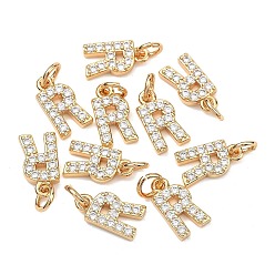Letter R Colgantes Shegrace de latón con microengaste de circonitas cúbicas transparentes, sin níquel, real 18 k chapado en oro, Dijes de la letra r, 12x7x2.5 mm, anillo de salto: 5x1 mm, diámetro interior: 3 mm