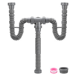 Gris 1 Kits de vidange flexibles pour évier double en plastique (sac), tuyau d'évacuation, avec 2 rouleaux de ruban d'étanchéité PTFE, grises , 96x76.5x46.5mm, diamètre intérieur: 36.5 mm