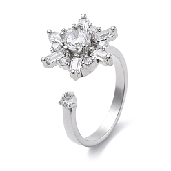 Платина Снежинка вращающиеся открытые манжеты кольца для женщин, латунные кольца-спиннеры с микро-паве и прозрачным кубическим цирконием, платина, 15.5x13.5 мм, внутренний диаметр: 17 мм