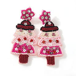 Pink Серьги-гвоздики ручной работы из стеклянных бусин в виде рождественской елки со звездой., с фурнитурой из нержавеющей стали и стразами., розовые, 85x53 мм