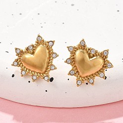 Настоящее золото 18K Сердце 304 серьги-гвоздики из нержавеющей стали с микропаве из прозрачного кубического циркония, реальный 18 k позолоченный, 18.5x21 мм