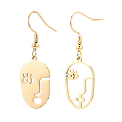 Настоящее золото 18K 304 из нержавеющей стали болтаться серьги, абстрактное лицо, слева и справа, реальный 18 k позолоченный, 40x14 мм