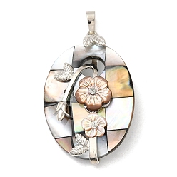 Платина Подвески натурального морских раковин, овальные подвески из ракушек белого цвета, окрашенные в натуральный цвет, с латунными стразами, платина, 48x31x10 мм, отверстие : 8x5 мм