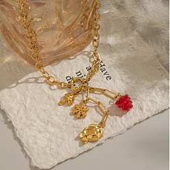 Настоящее золото 18K 304 Женские кулоны-подвески из нержавеющей стали с красным виноградом и смолой в виде цветка снежинки, ионное покрытие (ip), без кадмия, без никеля и без свинца, реальный 18 k позолоченный, 17.13 дюйм (43.5 см)