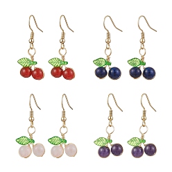 Смешанные камни Серьги-подвески из смешанных натуральных и синтетических камней с медной проволокой, с акриловым листом и 304 крючками для сережек из нержавеющей стали, вишня, 35.5x14.5 мм