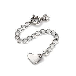 Нержавеющая Сталь Цвет 304 удлинитель цепи из нержавеющей стали, сердце, с пружинными застежками и подвесками, цвет нержавеющей стали, 71 мм, отверстие : 2.5 мм