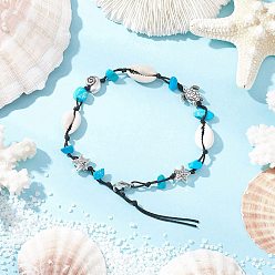 Синтетическая Бирюза Браслеты на ногу с бирюзой, морской звездой, черепахой и натуральными ракушками каури, античное серебро, 9-1/4~9-1/2 дюйм (235~240 мм)