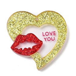 Желтый Подвески из непрозрачного акрила с принтом ко дню святого валентина, сердце со словом любовь и губы, с блестка, желтые, 39x39x4.5 мм, отверстие : 2 мм