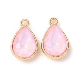 Pearl Pink Alloy Glass Pendants, Teardrop Charms, Golden, Faceted, Pearl Pink, 19.5x12.5x5.5mm, Hole: 2mm