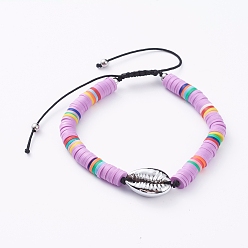 Plum Handmade Polymer Clay Braided Beads Bracelets, with Electroplated Cowrie Shell Beads, Brass Beads and Nylon Thread, Plum, 2-3/8 inch~3-1/8 inch(6.1~8cm)