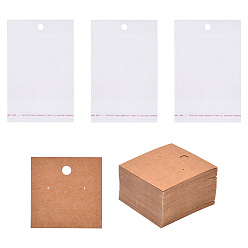 Цвет Древесины 100шт. пустых карточек для демонстрации сережек из крафт-бумаги, квадратный, с прямоугольными целлофановыми пакетами opp 100 шт., деревесиные, 5x5x0.05 см, отверстие : 1.5 мм