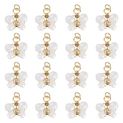 Weiß 20pcs Glasanhänger, Schmetterling, mit 304 Biegeringen aus Edelstahl, facettiert, weiß, 17x15.4 mm