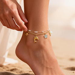 Золотой Летний пляж 304 браслеты на лодыжку для женщин из нержавеющей стали и пластика с подвесками в виде дельфина и морской звезды, украшенные жемчугом и драгоценными камнями, двухслойные, белые, золотые, 8 дюйм (203 мм)