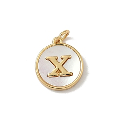 Letter X Латунный паве натуральный ракушка плоский круглый с буквенными подвесками, реальный 18 k позолоченный, долговечный, без свинца и без кадмия, стойки покрытие, цвет морской раковины, Письмо X, 15x13x2 мм, отверстие : 3 мм