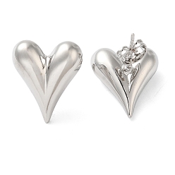 Platinum Brass Stud Earrings for Women, Heart, Platinum, 18x15mm