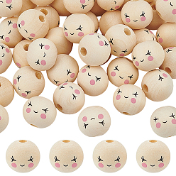 Beige Printed Wood Beads, Round with Smiling Face, Beige, 20x17.5mm, Hole: 4.8~5.2mm