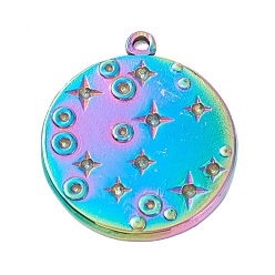 Rainbow Color PVD-Vakuumbeschichtung 304 Edelstahlanhänger mit Strass-Cabochons, flach rund mit Stern, Regenbogen-Farb, 21x18x1.5 mm, Bohrung: 1.2 mm, fit für 1 mm und 1.2 mm Strass