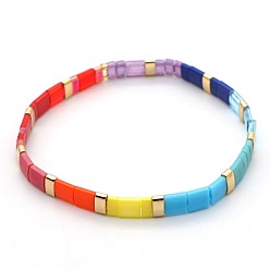 Coloré Bracelets extensibles bohèmes à rayures en verre arc-en-ciel plat à double trou pour femmes, colorées, 6.89 pouce (17.5 cm)