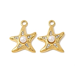 Oro 303 Colgantes de acero inoxidable, plástico ABS, perlas y cristales de imitación de diamantes, encantos de estrellas de mar, revestimiento de iones (ip), dorado, 20.5x15.5x5.5 mm, agujero: 2.5 mm