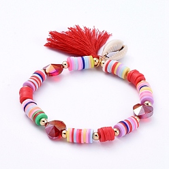 Red Stretch Charm Bracelets, with Polymer Clay Heishi Beads, Cotton Thread Tassels, Cowrie Shell Beads, Heart Glass Beads and Brass Round Beads, Red, 2-1/8 inch(5.4cm)