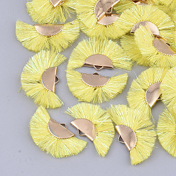 Yellow Polyester Tassel Pendants, with Metallic Cord and Iron Findings, Fan Shape, Golden, Yellow, 17~20x30~34x2.5mm, Hole: 3x1mm