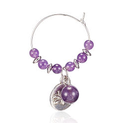 Amethyst Natural Amethyst Wine Glass Charms, with Alloy Lotus Pendants and Brass Hoops, 46x27mm