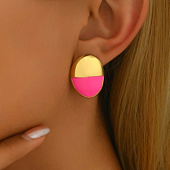 Ярко-Розовый 201 овальные серьги-гвоздики с эмалью из нержавеющей стали, золотые, ярко-розовый, 24x19 мм