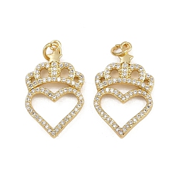 Настоящее золото 16K Латунные микропаве прозрачные подвески с фианитом, сердце, с целью перехода в кольце, реальный 16 k позолоченный, 26x15.5x3 мм, отверстие : 3.4 мм