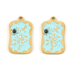 Голубой 304 нержавеющей стальной эмали подвески, прямоугольник с подвеской в виде дерева, с пластиковой жемчужины, ионное покрытие (ip), голубой, 19.5x12x3 мм, отверстие : 1.5 мм